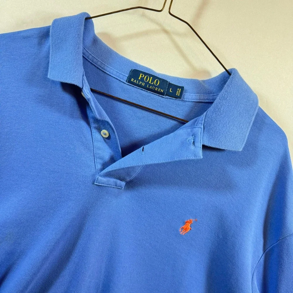 Polo Ralph Lauren Mens Large Blue Short Sleeve Cotton Mesh Polo Orange Pony